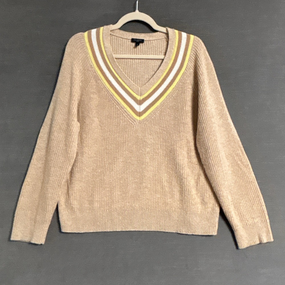 Talbots Tennis Sweater XL Petite Tan Brown Cotton V-Neck Striped Preppy Pullover